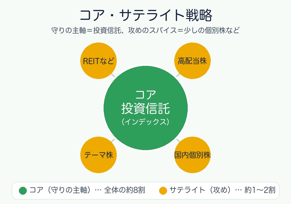 コア・サテライト戦略の図。中心のコアに投資信託（インデックス）、まわりのサテライトに高配当株・個別株・テーマ株・REITなどを配置