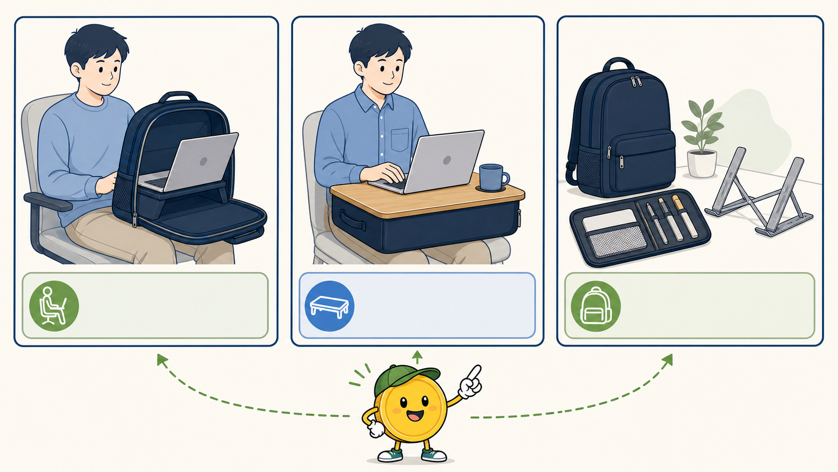 外出先でのPC作業を、膝上用バッグ・バッグ兼ミニデスク・今のバッグに足すオーガナイザーの3パターンで比較する図解