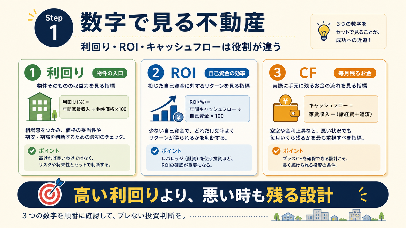 数字で見る不動産。利回り・ROI・キャッシュフローは役割が違う