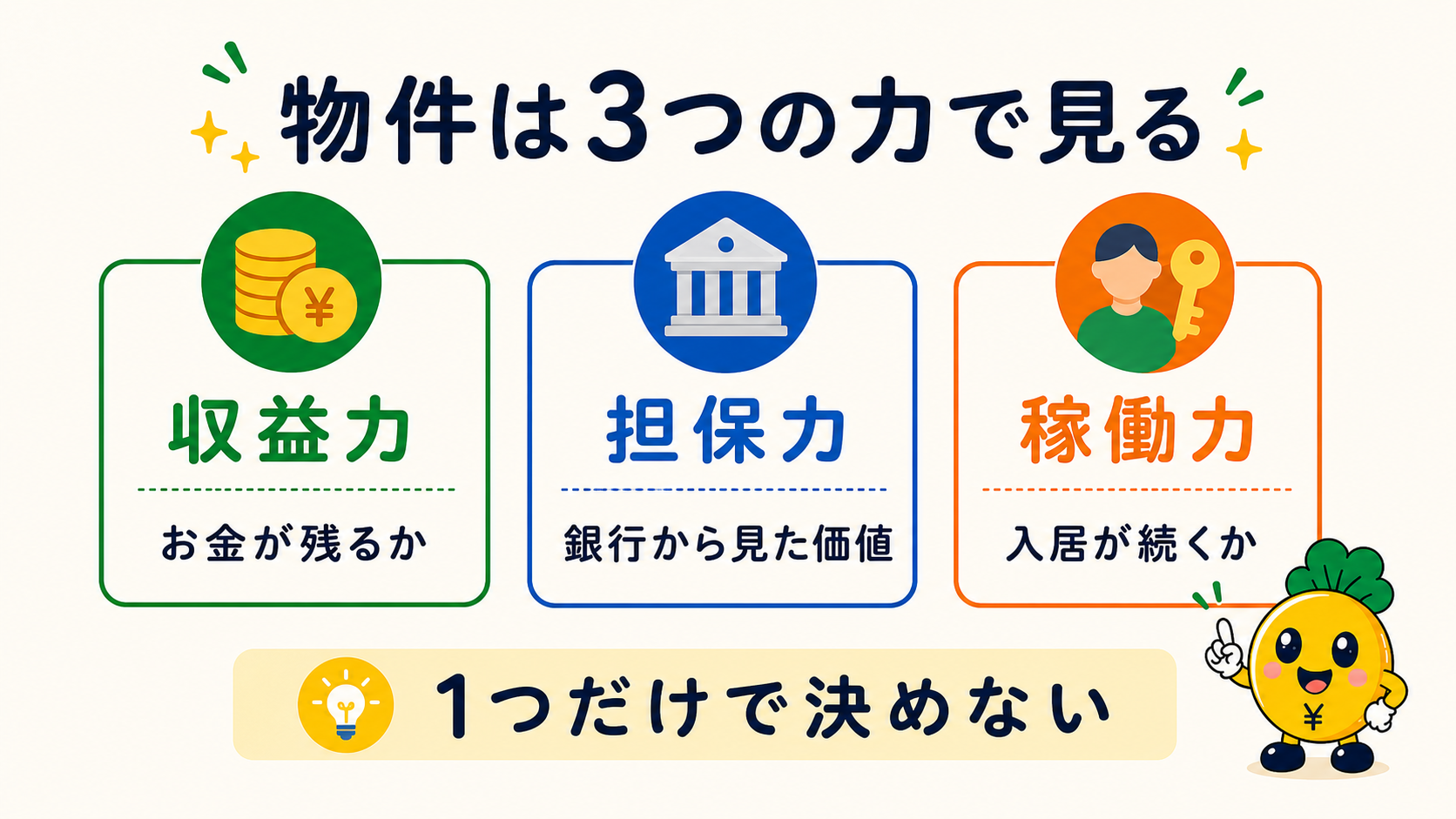 物件は収益力、担保力、稼働力の3つで見る