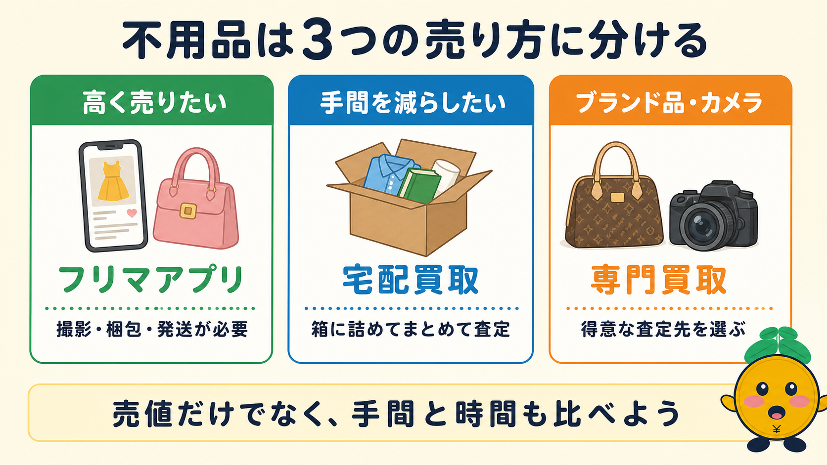 不用品をフリマ・宅配買取・専門買取に分ける判断図